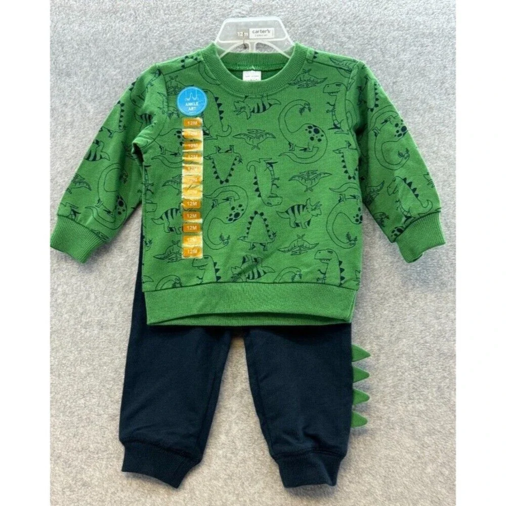 Carters Boys 2 Piece Green Dinosaur Sweatshirt Blue Jogger Playwear Set 12 Month